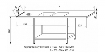 Stół przedłużony z dwoma zlewami i otworem RMS